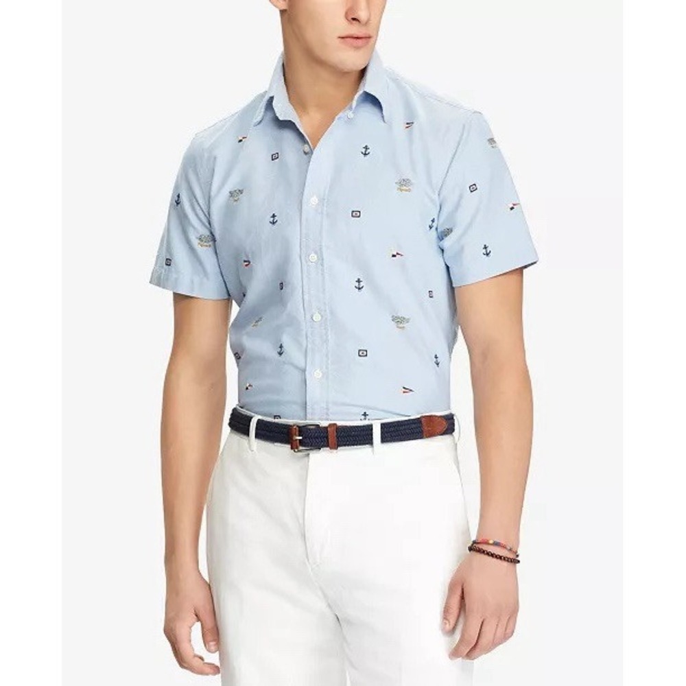 RALPH LAUREN MEN'S XL SHIRT NAUTICAL EMBROIDERY COTTON OXFORD ANCHOR ROPE